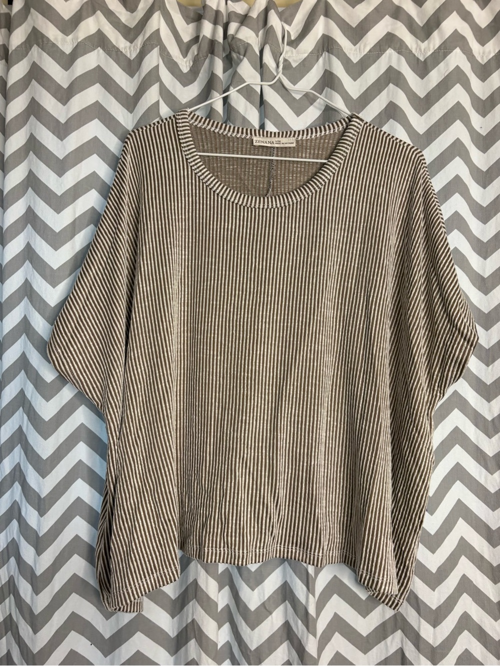 Zenana Outfitters Striped Dolman Tunic in Taupe and White